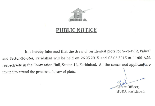 HUDA Draw Notice for Palwal and Faridabad Plot Schemes