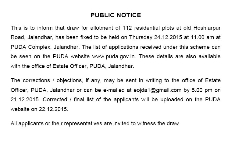 PUDA 112 Residential Plot Scheme Jalandhar Draw Result